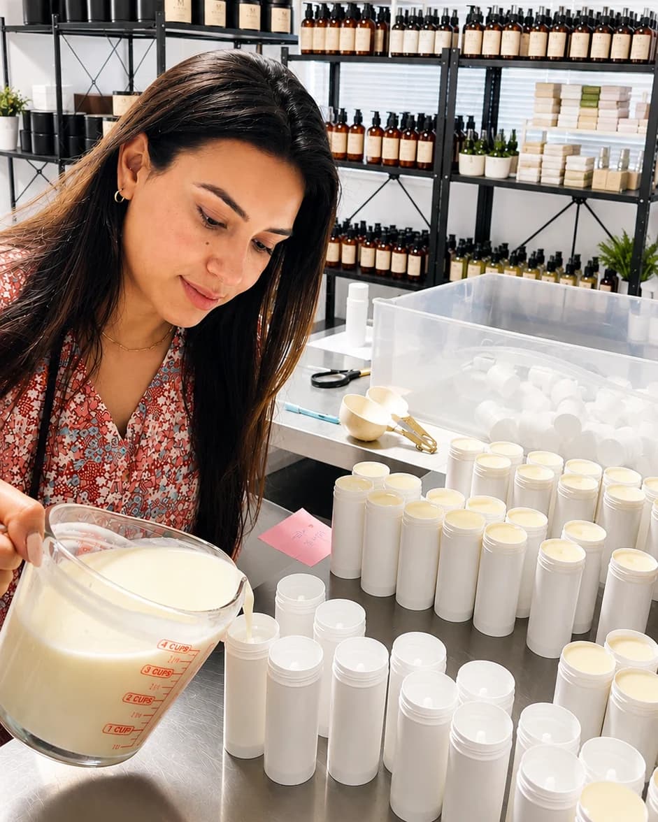 Pouring deodorant by hand into tubes at the Maya studio in Irvine, California, with shelves of candles, sprays and soaps behind