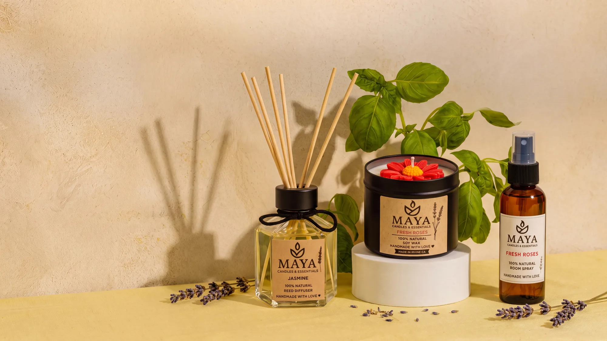 Maya candles arranged on a sunlit table