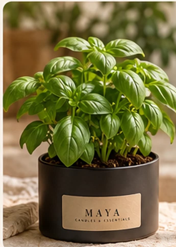 A full basil plant growing in a Maya candle tin