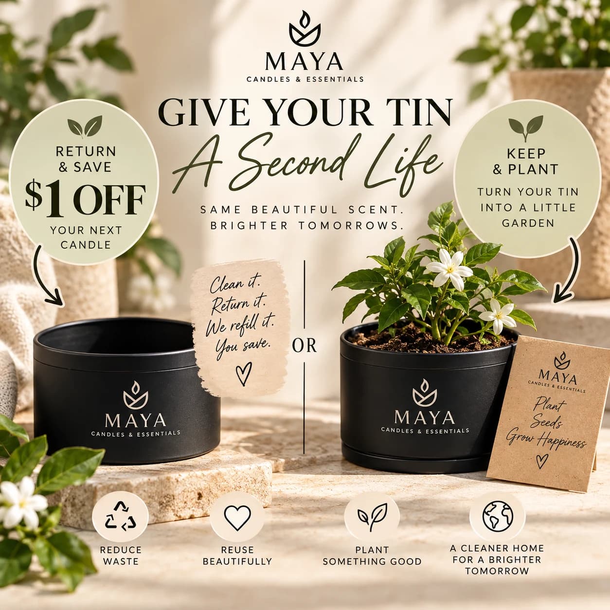 An empty Maya candle tin replanted as a small garden, beside a packet of seeds — give your tin a second life