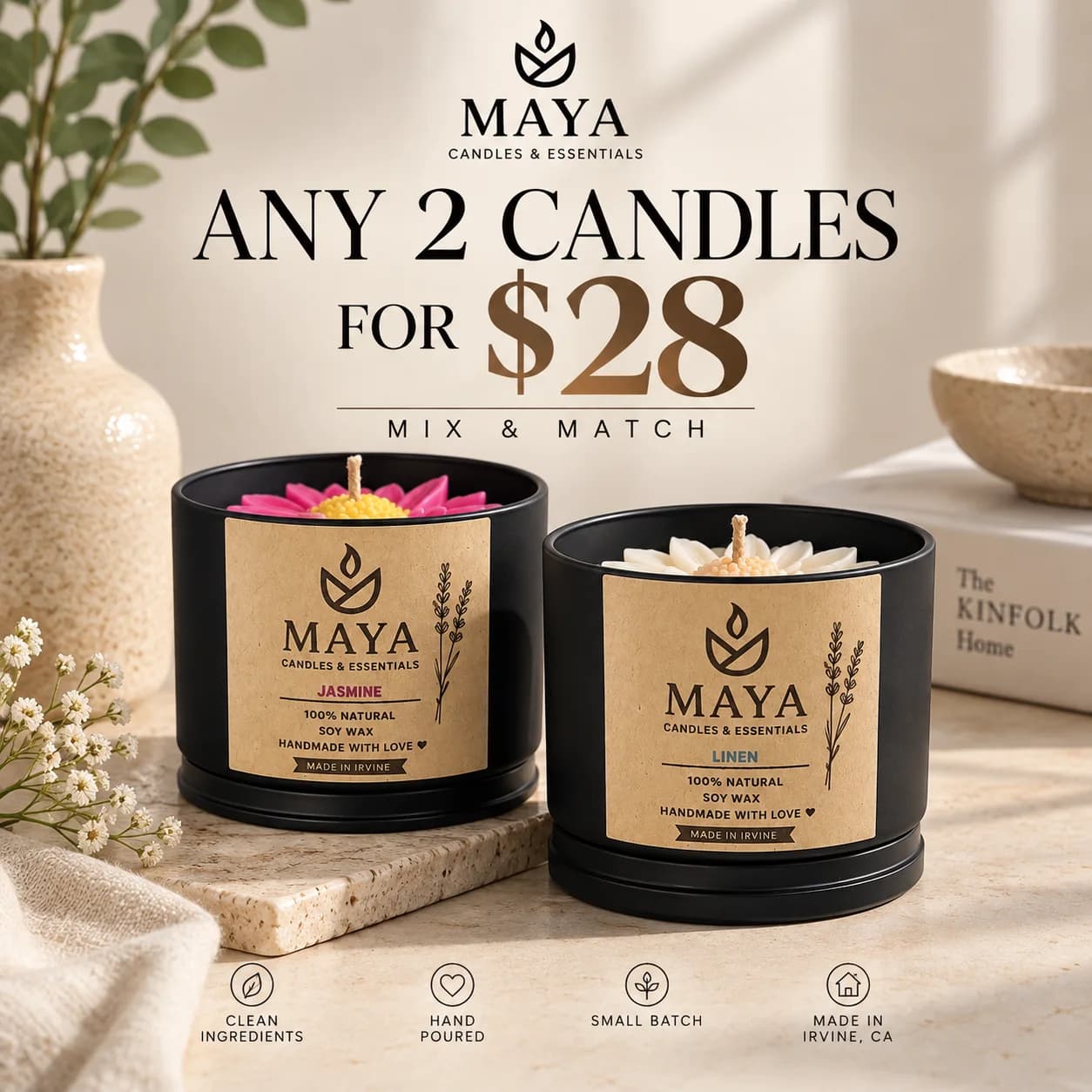 Any 2 candles for $28, mix and match — Jasmine and Linen soy candles in black tins