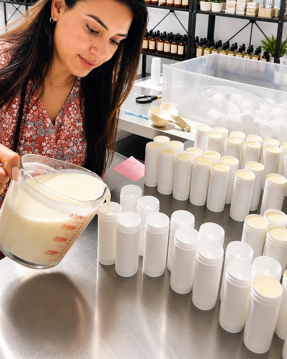 Pouring deodorant by hand into tubes on a steel bench at the Maya studio in Irvine, California